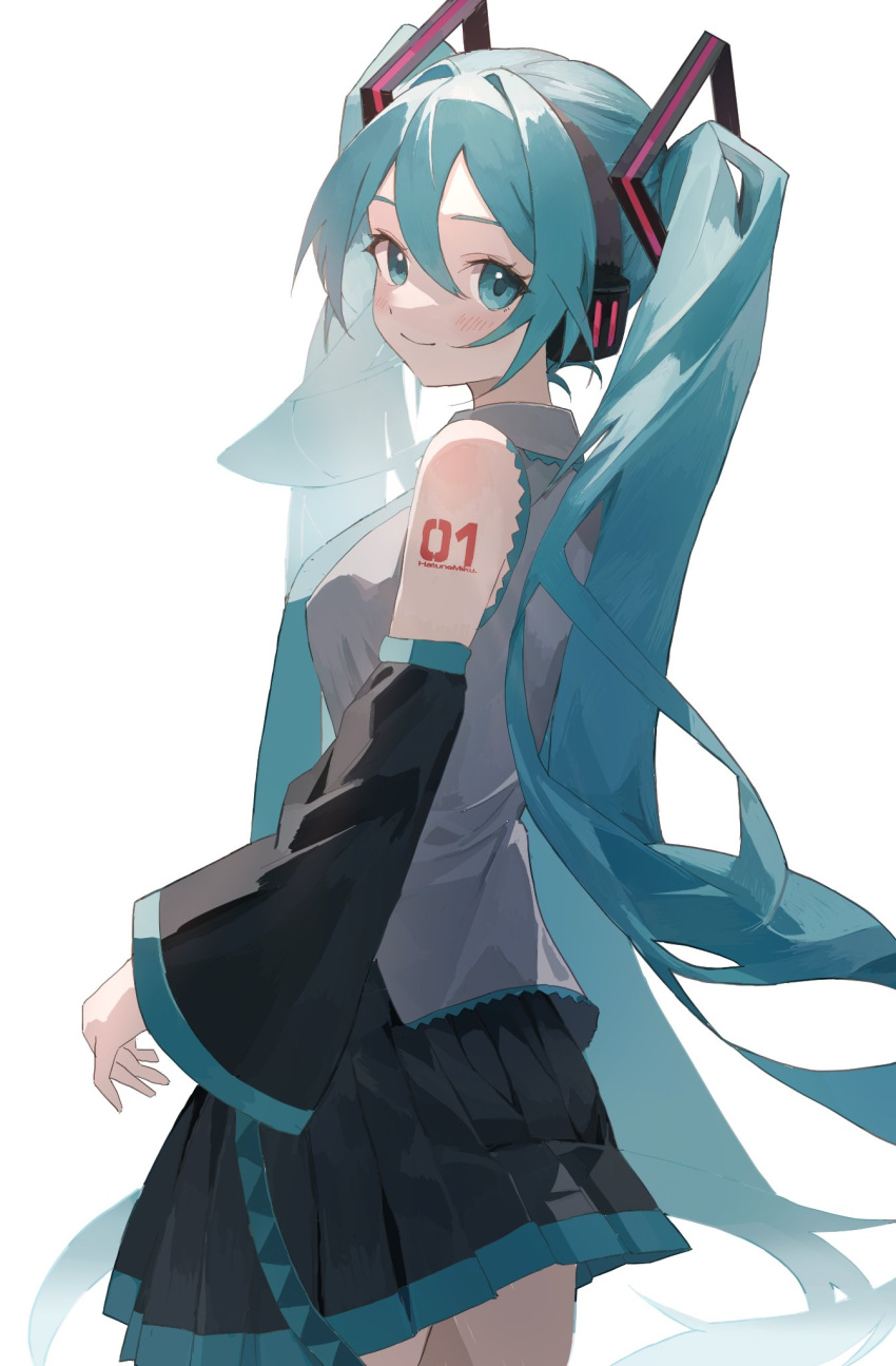1girl aqua_eyes aqua_hair bare_shoulders black_skirt black_sleeves closed_mouth commentary cowboy_shot detached_sleeves from_side grey_shirt hair_intakes hair_ornament hatsune_miku headphones highres light_blush long_hair looking_at_viewer looking_to_the_side miku_ponchan miniskirt number_tattoo pleated_skirt shirt shoulder_tattoo simple_background skirt sleeveless sleeveless_shirt smile solo standing tattoo twintails very_long_hair vocaloid white_background