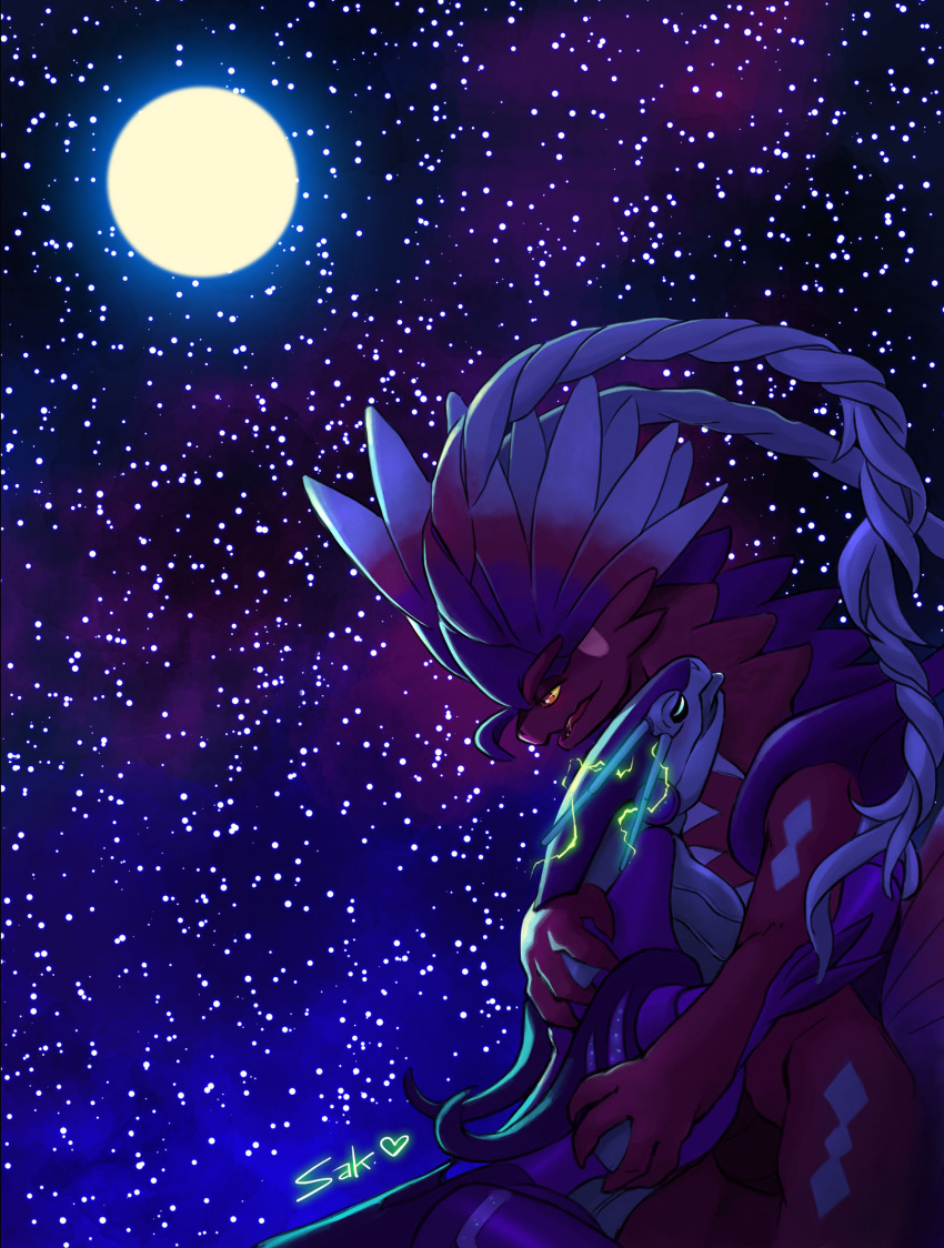 1other artist_name backlighting closed_eyes colored_sclera colored_skin commentary_request cowboy_shot dark electricity from_side full_moon furry gradient_hair half-closed_eyes hand_on_another's_back heart highres hug koraidon long_hair miraidon moon multicolored_hair night open_mouth orange_eyes outdoors pokemon pokemon_(creature) profile red_skin redhead saki1008 signature sky standing star_(sky) starry_sky tongue tongue_out u_u white_hair yellow_sclera