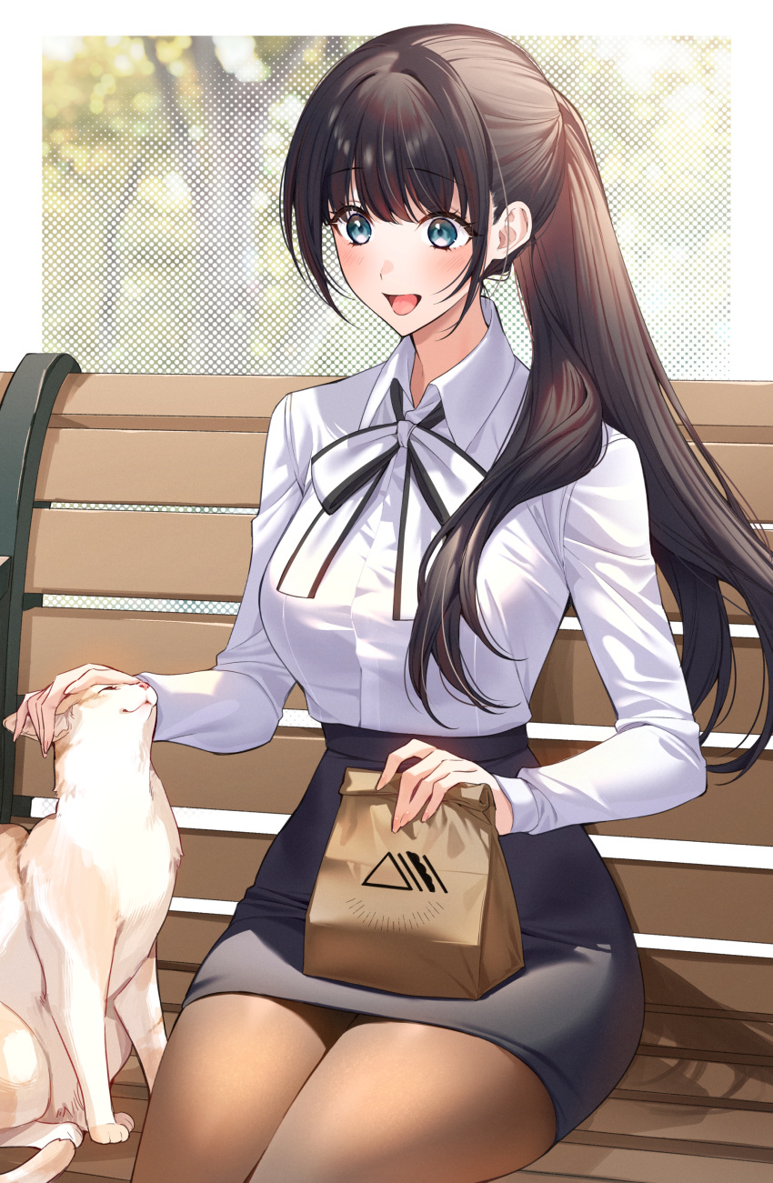 1girl absurdres bag bench bow bowtie brown_hair cat collared_shirt commission food grey_eyes highres office_lady original pantyhose paper_bag pencil_skirt pixiv_commission ponytail shirt sino42 sitting skirt smile upper_body white_shirt