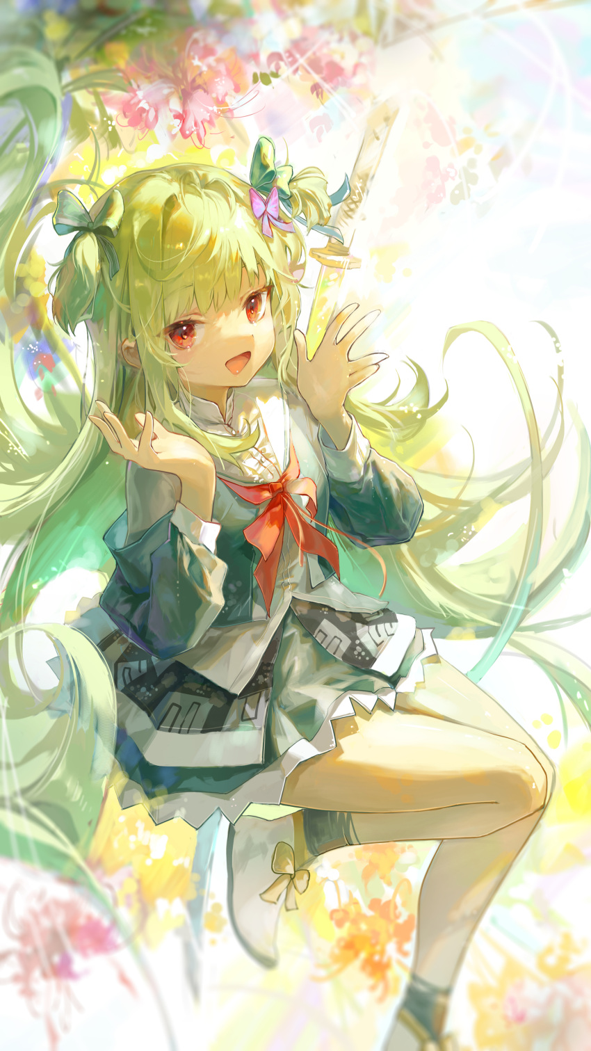 1girl :d absurdres bow chinese_commentary commentary day dolala floating_hair floral_background foot_out_of_frame green_bow green_hair green_jacket green_skirt hair_between_eyes hair_bow hands_up happy highres jacket katana knees_together_feet_apart long_hair long_sleeves looking_at_viewer miniskirt murasame_(senren) official_alternate_costume open_hands open_mouth outdoors pink_bow red_eyes red_ribbon ribbon sailor_collar school_uniform senren_banka serafuku sidelighting sidelocks sitting skirt smile solo straight_hair sunlight sword tsurime two_side_up very_long_hair weapon white_footwear white_sailor_collar