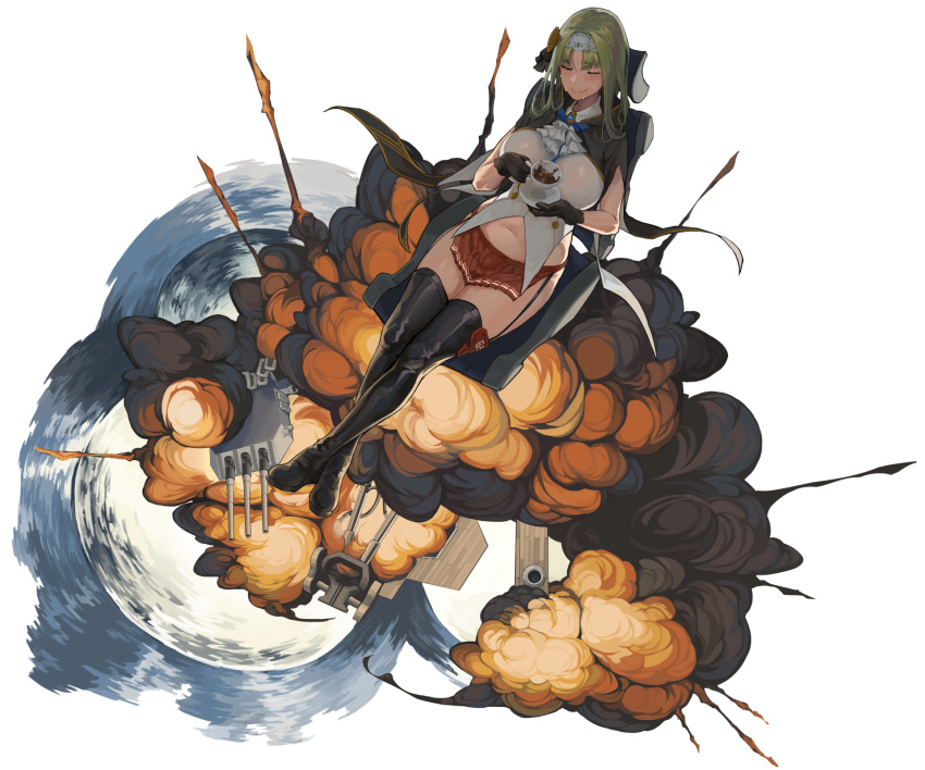 1girl black_footwear black_garter_straps black_gloves boots breasts cannon closed_eyes coffee_mug cup ejection_seat explosion false_smile garter_straps gloves green_hair hairband highres hip_vent holding holding_cup large_breasts long_hair machinery miniskirt mug navel red_skirt sitting skirt smile solo sweat thigh_boots turret warship_girls_r whibiki