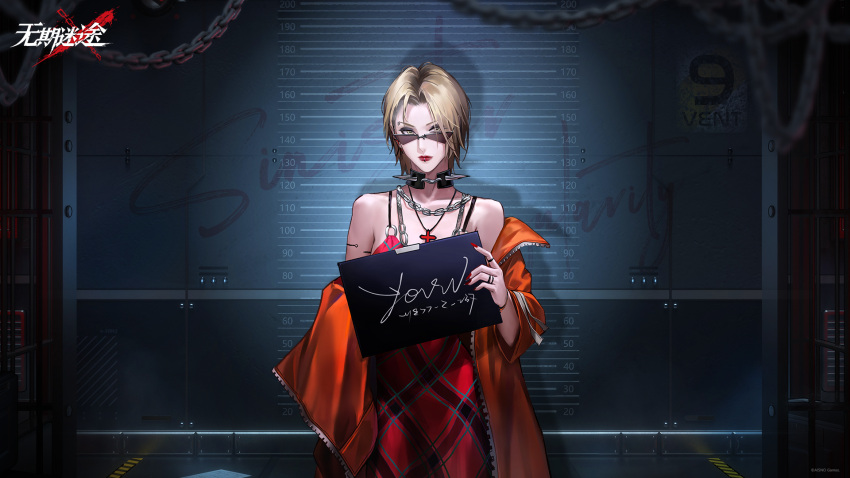 1girl against_wall bare_shoulders black_choker black_eyeshadow blonde_hair chain chain_around_neck character_name choker copyright_name cross_pendant dress eyebrow_piercing eyeshadow hand_up height_mark highres holding holding_sign indoors jacket jewelry joan_(path_to_nowhere) lip_piercing logo looking_at_viewer looking_over_eyewear makeup mugshot off_shoulder official_art official_wallpaper open_clothes open_jacket orange_jacket parted_bangs path_to_nowhere piercing plaid plaid_dress prison_cell prison_clothes red_dress red_lips red_nails ring short_hair sign solo spaghetti_strap spiked_choker spikes sunglasses upper_body yellow_eyes