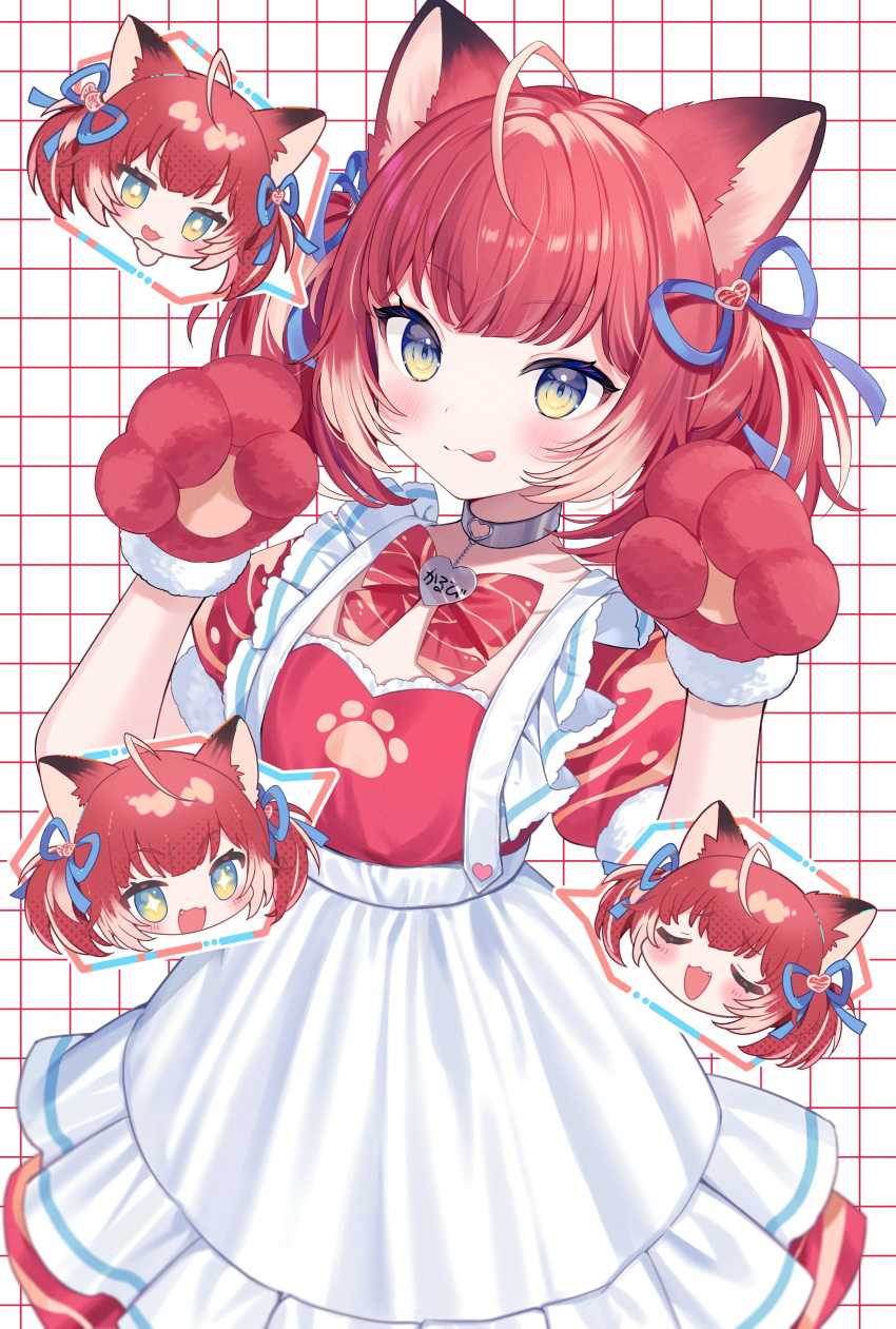 1girl :3 :d :q absurdres akami_karubi animal_ears animal_hands apron ayame_(3103942) blue_eyes cat_ears cat_girl collar dress fang gloves gradient_eyes highres indie_virtual_youtuber light_brown_hair maid_apron metal_collar multicolored_eyes multicolored_hair name_tag open_mouth paw_gloves puffy_short_sleeves puffy_sleeves red_dress redhead short_sleeves short_twintails smile tongue tongue_out twintails two-tone_hair virtual_youtuber white_apron yellow_eyes