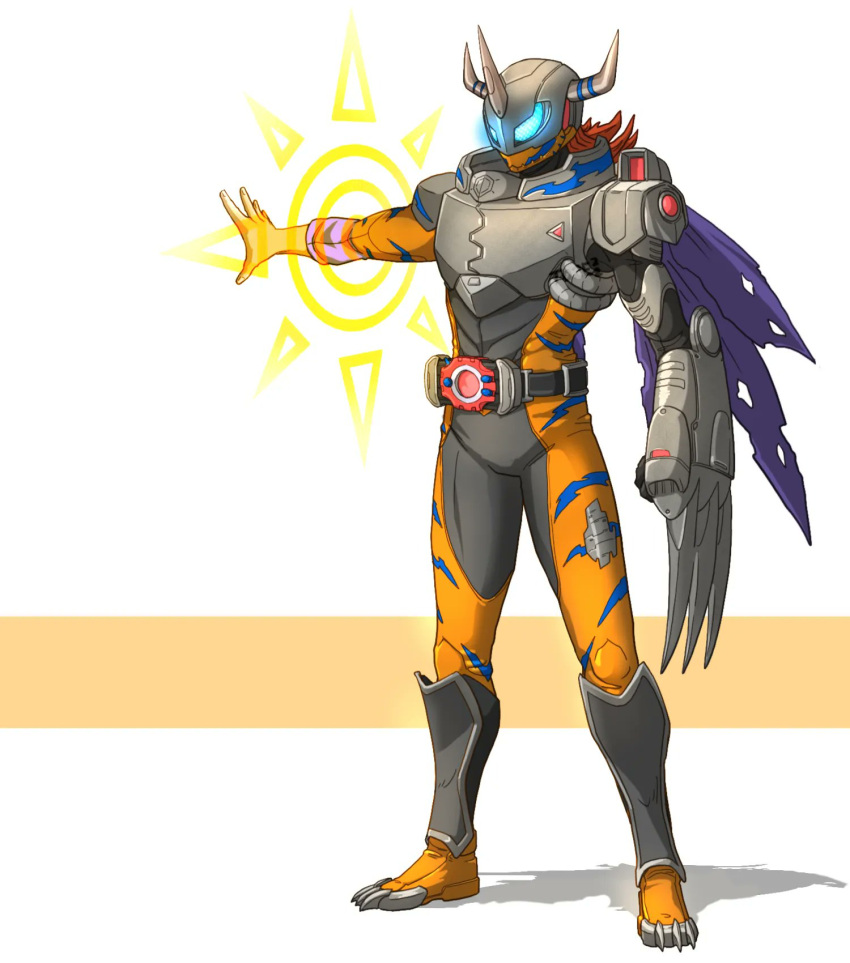 1boy belt belt_buckle black_bodysuit bodysuit buckle chest_armor claws cosplay covering_face crossover digimon english_commentary glowing glowing_eyes helmet henshin highres horns kamen_rider kamen_rider_wizard_(series) mechanical_arms medium_hair metalgreymon metalgreymon_(virus) metalgreymon_(virus)_(cosplay) orange_bodysuit redhead single_mechanical_arm to_ze torn_wings wings