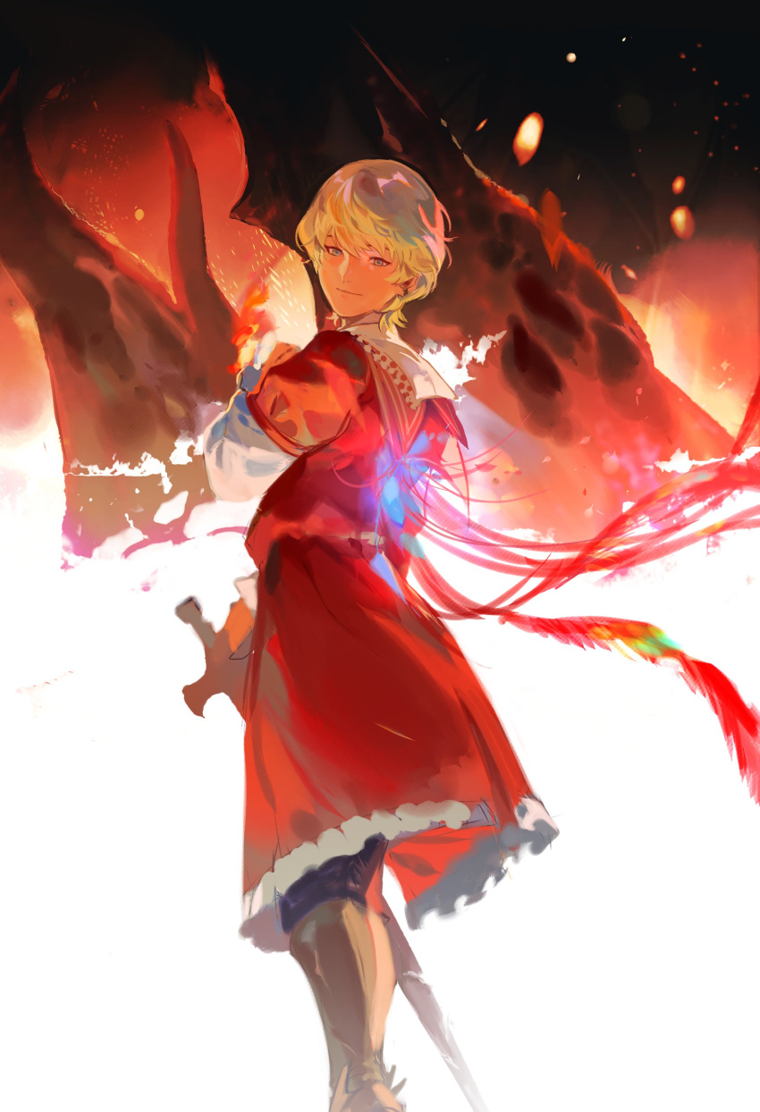 1boy absurdres blonde_hair blue_eyes child closed_mouth earrings final_fantasy final_fantasy_xvi fire full_body highres jewelry joshua_rosfield male_focus neruchiru_08 red_robe robe short_hair smile solo standing sword weapon