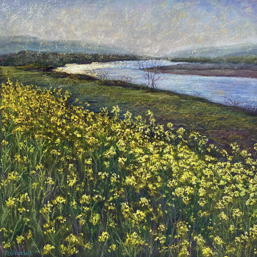bare_tree blue_sky clouds cloudy_sky day field flower flower_field flower_focus grass highres hill nature no_humans norako_pastel original painting_(medium) plant river riverbank sky traditional_media tree water weeds yellow_flower