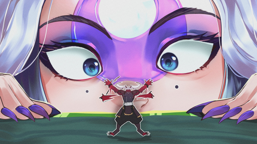 1boy 1girl absurdres alune_(league_of_legends) blue_eyes colored_skin demon_boy facial_mark fingernails forehead_mark highres league_of_legends looking_at_another mini_person miniboy mole mole_under_each_eye mole_under_eye multiple_moles nail_polish odeko_yma outline pink_nails red_skin rhaast sharp_fingernails standing white_outline