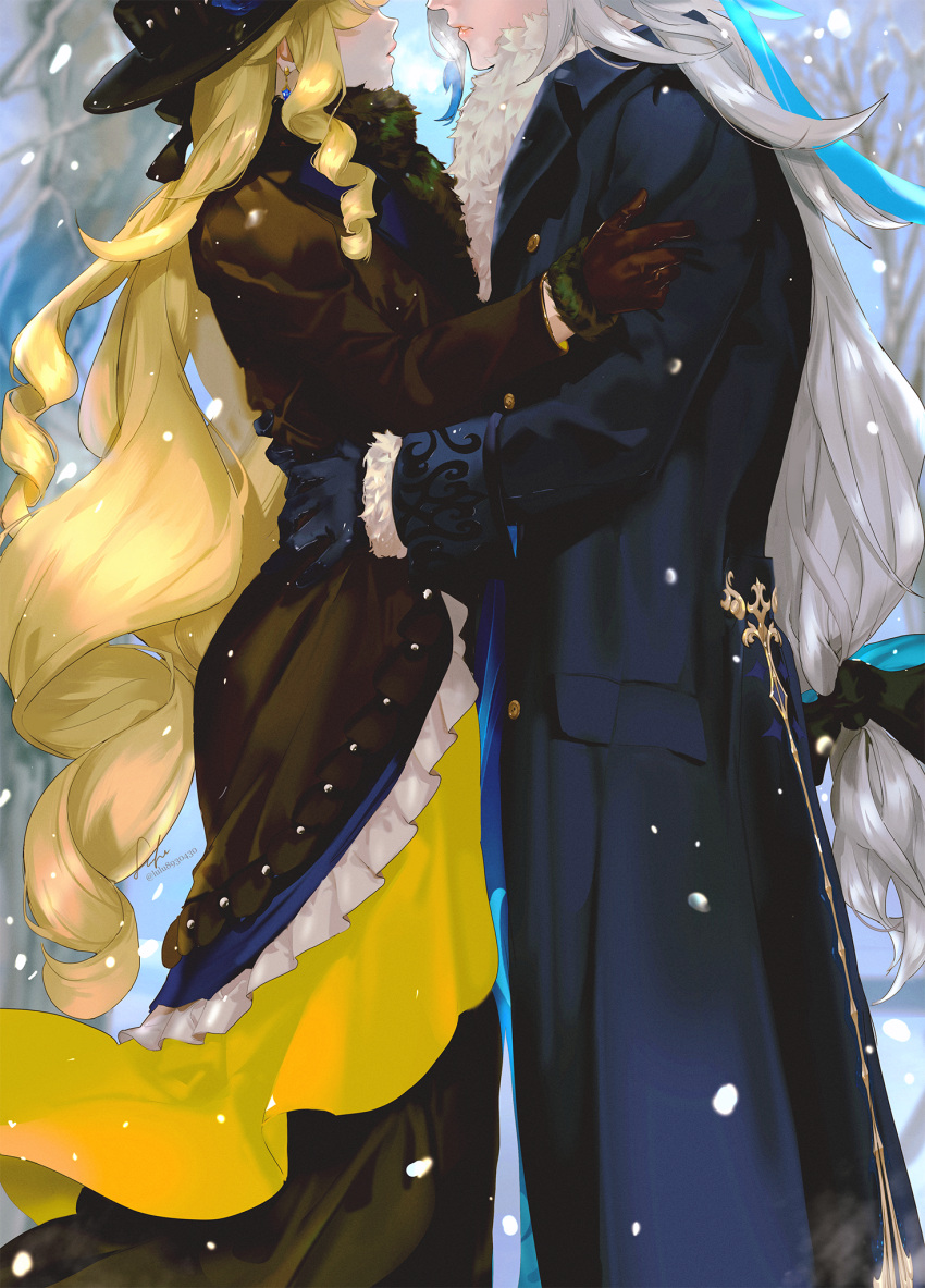 1boy 1girl blonde_hair blue_coat blue_gloves breath brown_coat brown_gloves coat drill_hair drill_sidelocks earrings face-to-face fur-trimmed_coat fur_trim genshin_impact gloves grey_hair head_out_of_frame highres holding_another's_arm jewelry lluluchwan long_hair low-tied_long_hair navia_(genshin_impact) neuvillette_(genshin_impact) sidelocks signature snow twitter_username
