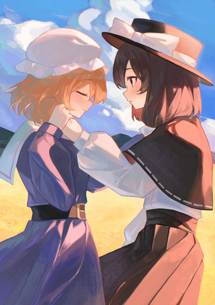 2girls absurdres belt_buckle black_capelet black_headwear black_skirt blonde_hair blush boater_hat brown_hair buckle capelet cindy717 closed_eyes dancing dress field from_side hat highres holding_hands long_sleeves looking_at_another maribel_hearn mob_cap multiple_girls outdoors pleated_skirt purple_dress shirt skirt touhou usami_renko white_headwear white_shirt yuri