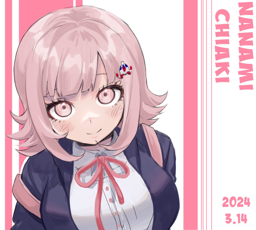 black_jacket breasts character_name danganronpa_(series) danganronpa_2:_goodbye_despair dated hair_ornament highres hood hooded_jacket hy_(fjvlg) jacket large_breasts looking_at_viewer looking_up medium_breasts nanami_chiaki pink_background pink_eyes pink_hair pink_ribbon ribbon shirt upper_body white_background white_shirt