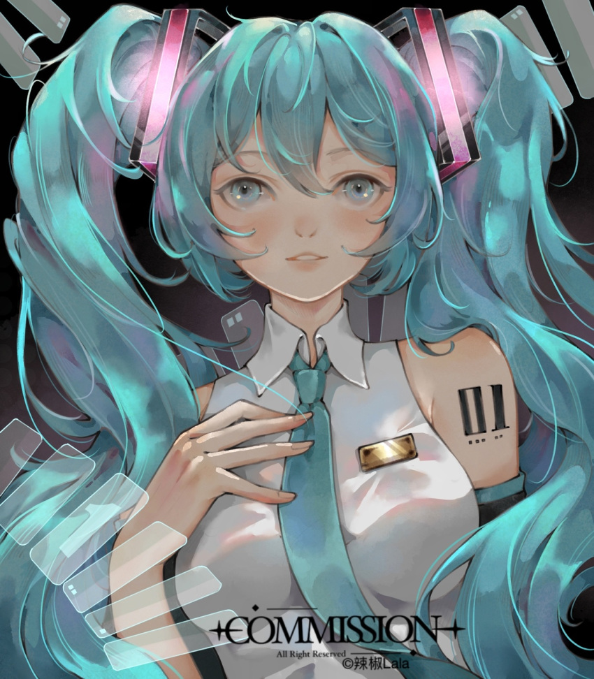 1girl artist_name bare_shoulders black_background black_sleeves blue_eyes blue_hair blue_necktie chinese_commentary collared_shirt commentary_request commission detached_sleeves fingernails glowing gradient_background hair_ornament hand_on_own_chest hatsune_miku highres instrument keyboard_(instrument) lajiao_lala light_blush long_hair looking_at_viewer name_tag necktie number_tattoo parted_lips pink_lips procreate_(medium) shirt shoulder_tattoo simple_background smile solo straight-on tattoo teeth twintails upper_body vocaloid watermark white_shirt