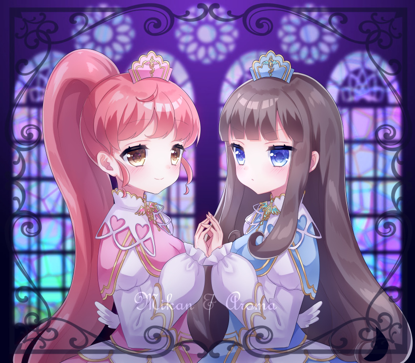2girls absurdres aki_(akinyaaaaa) blue_dress blue_eyes blurry blurry_background brown_hair character_name closed_mouth commentary dress hand_up highres holding_hands kurosu_aroma long_hair long_sleeves looking_at_viewer multiple_girls pink_dress ponytail pretty_series pripara puffy_long_sleeves puffy_sleeves redhead shiratama_mikan sidelocks smile stained_glass symbol-only_commentary very_long_hair window yellow_eyes