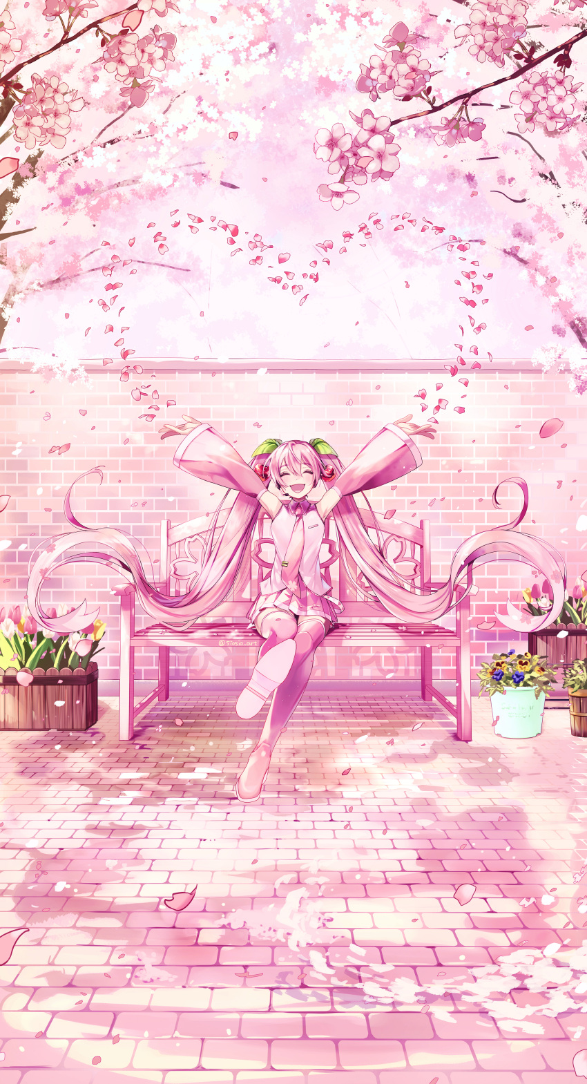 1girl :d absurdres arms_up bench brick_floor brick_wall cherry_blossoms cherry_hair_ornament closed_eyes collared_shirt commentary day detached_sleeves facing_viewer falling_petals food-themed_hair_ornament foot_up foreshortening full_body hair_ornament hatsune_miku headset heart highres long_hair long_sleeves microphone miniskirt necktie open_mouth outdoors outstretched_arms petals pink_hair pink_necktie pink_shirt pink_skirt pink_sleeves pink_theme pink_thighhighs plant planter pleated_skirt potted_plant sakura_miku shioaji_(siosio_art) shirt shoe_soles sidelocks sitting skirt sleeveless sleeveless_shirt smile solo thigh-highs twintails very_long_hair vocaloid wide_shot zettai_ryouiki