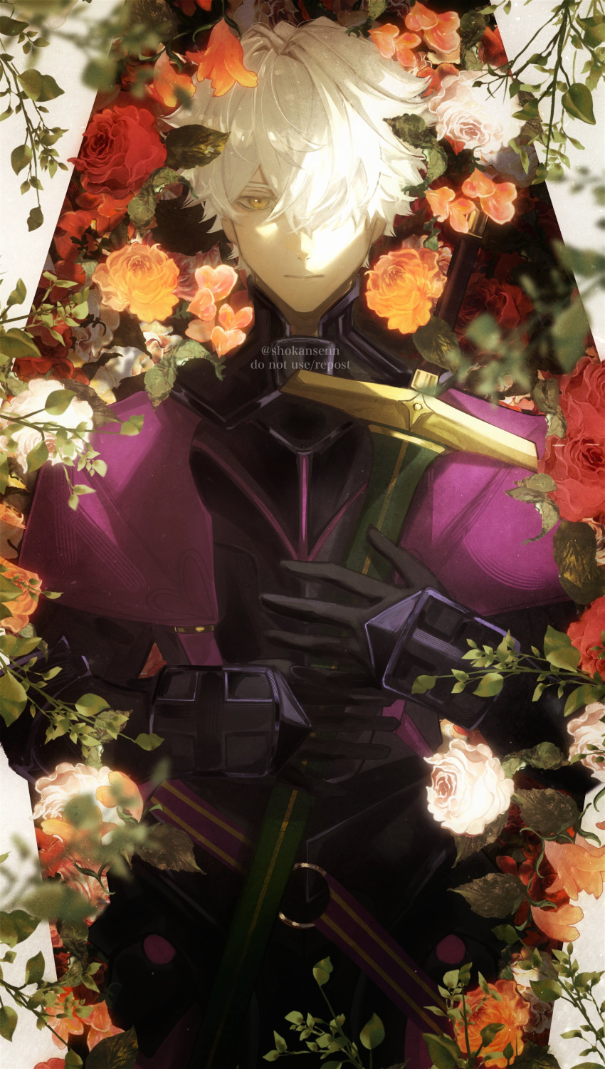 1boy absurdres armor black_gloves closed_mouth commentary_request expressionless fate/grand_order fate_(series) flower galahad_(fate) gloves hair_over_one_eye highres looking_at_viewer male_focus rerebrace shokansenn short_hair solo sword upper_body vambraces weapon white_hair yellow_eyes