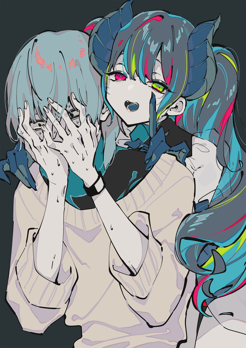 1boy 1girl aqua_hair beatmania_iidx bemani blue_hair claws constricted_pupils demon_girl demon_horns fangs futoumeido green_eyes hands_on_another's_shoulders hands_on_own_face highres horns long_hair looking_at_viewer mismatched_pupils multicolored_hair open_mouth pink_eyes simple_background smile streaked_hair sweat sweater watch watch white_sweater