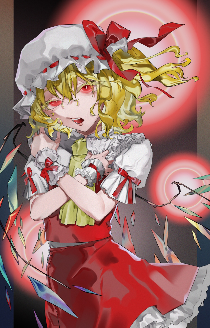 ascot blonde_hair bow crystal crystal_wings curly_hair eyelashes fangs flandre_scarlet frilled_cuffs frilled_headwear frilled_skirt frills hair_between_eyes hat hat_bow highres looking_at_viewer mob_cap multicolored_wings one_side_up open_mouth puffy_short_sleeves puffy_sleeves red_bow red_eyes red_skirt red_vest shirt short_sleeves skirt skirt_set sleeve_bow touhou ue_toono_(atano) vampire vest white_headwear white_shirt wings wrist_cuffs yellow_ascot