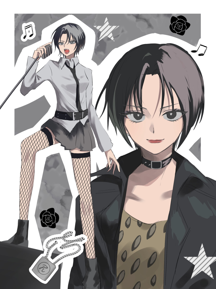 1girl absurdres belt black_belt black_choker black_eyes black_jacket black_necktie black_skirt breasts choker closed_mouth collared_shirt commentary fishnet_thighhighs fishnets grey_shirt highres holding holding_microphone jacket long_sleeves looking_at_viewer microphone miniskirt musical_note nana_(series) necktie open_clothes open_jacket open_mouth osaki_nana outline shirt short_hair skirt small_breasts thigh-highs tsukuno_tsuki white_outline zettai_ryouiki