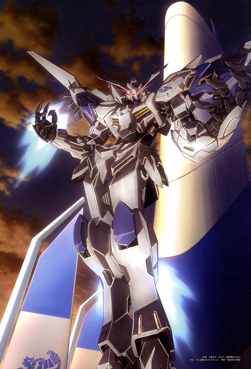 absurdres clouds cloudy_sky evening exhaust eye_trail flying glowing glowing_eyes gundam gundam_bael gundam_tekketsu_no_orphans hands_up highres insignia legs_together light_trail looking_at_viewer mecha mecha_focus mobile_suit no_humans oobari_masami open_hands outdoors red_eyes robot scan science_fiction sky solo v-fin