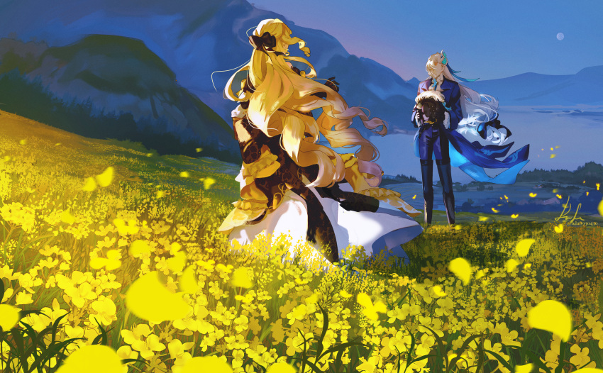 1boy 1girl absurdres adapted_costume ascot black_headwear blonde_hair blue_coat blue_hair blue_jacket blue_pants blue_sky boots brown_dress coat dress drill_hair drill_sidelocks field flower flower_field full_body genshin_impact hat hat_feather highres holding holding_clothes holding_hat jacket light_blue_hair lluluchwan moon mountain mountainous_horizon multicolored_hair navia_(genshin_impact) neuvillette_(genshin_impact) pants rapeseed_blossoms sidelocks signature skirt_hold sky streaked_hair thigh_boots twitter_username white_ascot white_hair yellow_flower