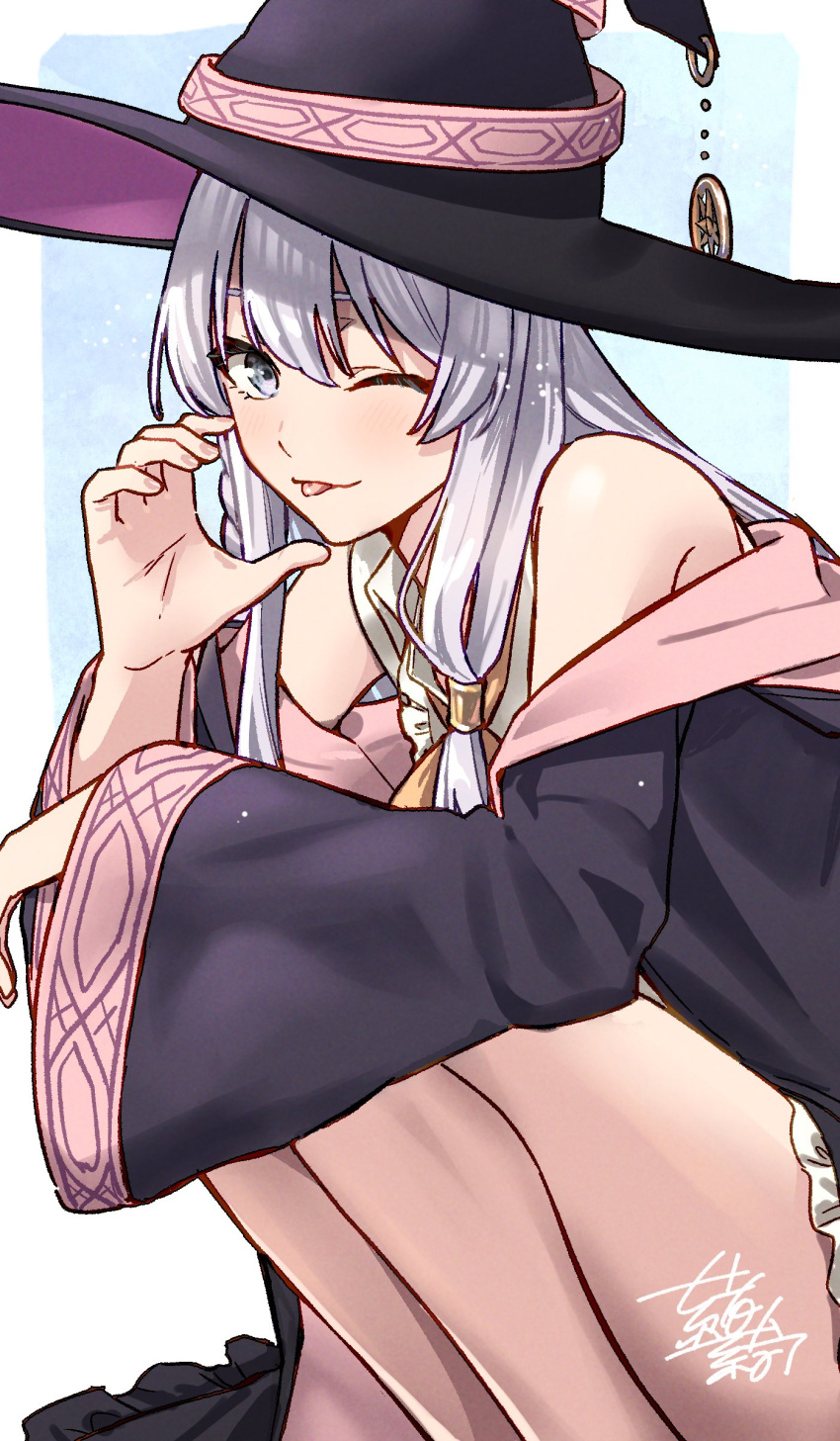 1girl absurdres bare_legs bird black_skirt dated elaina_(majo_no_tabitabi) grey_hair hand_gesture hat hat_ribbon highres knees_to_chest legs long_hair looking_at_viewer looking_to_the_side majo_no_tabitabi neck_ribbon nigatsumikka one_eye_closed open_clothes open_robe ribbon robe shirt signature skirt sleeveless sleeveless_shirt smile solo thighs tongue tongue_out violet_eyes wide_sleeves witch_hat yellow_ribbon