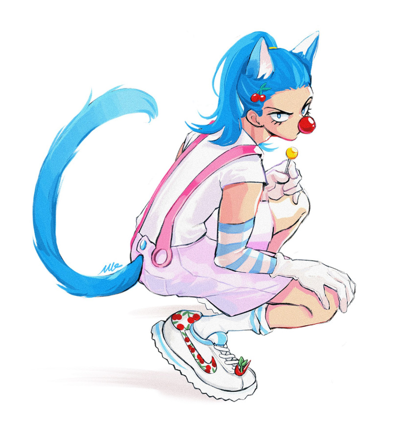 1boy aged_down animal_ear_fluff animal_ears blue_eyes blue_hair blue_stripes blue_tail bright_pupils buggy_the_clown candy cat_boy cat_ears cat_tail cherry_hair_ornament cherry_print clown_nose commentary eyelashes food food-themed_hair_ornament food_print full_body gloves hair_ornament hand_on_own_knee high_ponytail highres holding holding_candy holding_food holding_lollipop lollipop looking_at_viewer male_focus medium_hair mismatched_animal_ear_colors nike_(company) one_piece purple_shorts red_nose scrunchie shirt shoes short_sleeves shorts signature simple_background sneakers socks solo squatting striped_arm_warmers suspenders symbol-only_commentary tail vamos_mk white_background white_footwear white_gloves white_pupils white_shirt white_socks yellow_scrunchie