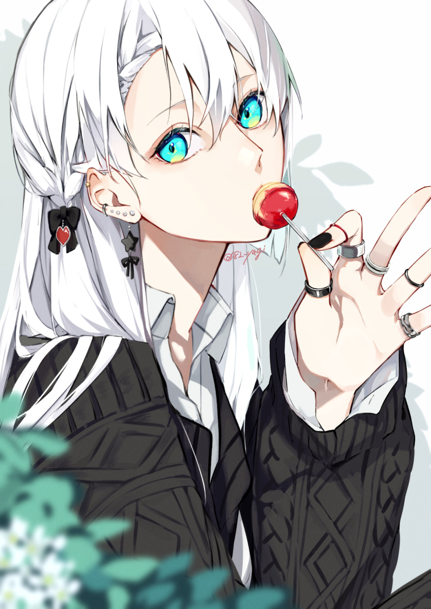 1girl aqua_eyes black_bow black_cardigan black_nails blurry blurry_foreground bow candy cardigan collared_shirt depth_of_field earrings flower food hair_bow hand_up heart highres holding holding_candy holding_food holding_lollipop jewelry leaf lollipop long_hair long_sleeves looking_at_viewer multiple_earrings multiple_rings nail_polish original piercing plant ring shadow shirt solo star_(symbol) twitter_username upper_body white_background white_flower white_hair white_shirt yagi_(shiro_yagi)