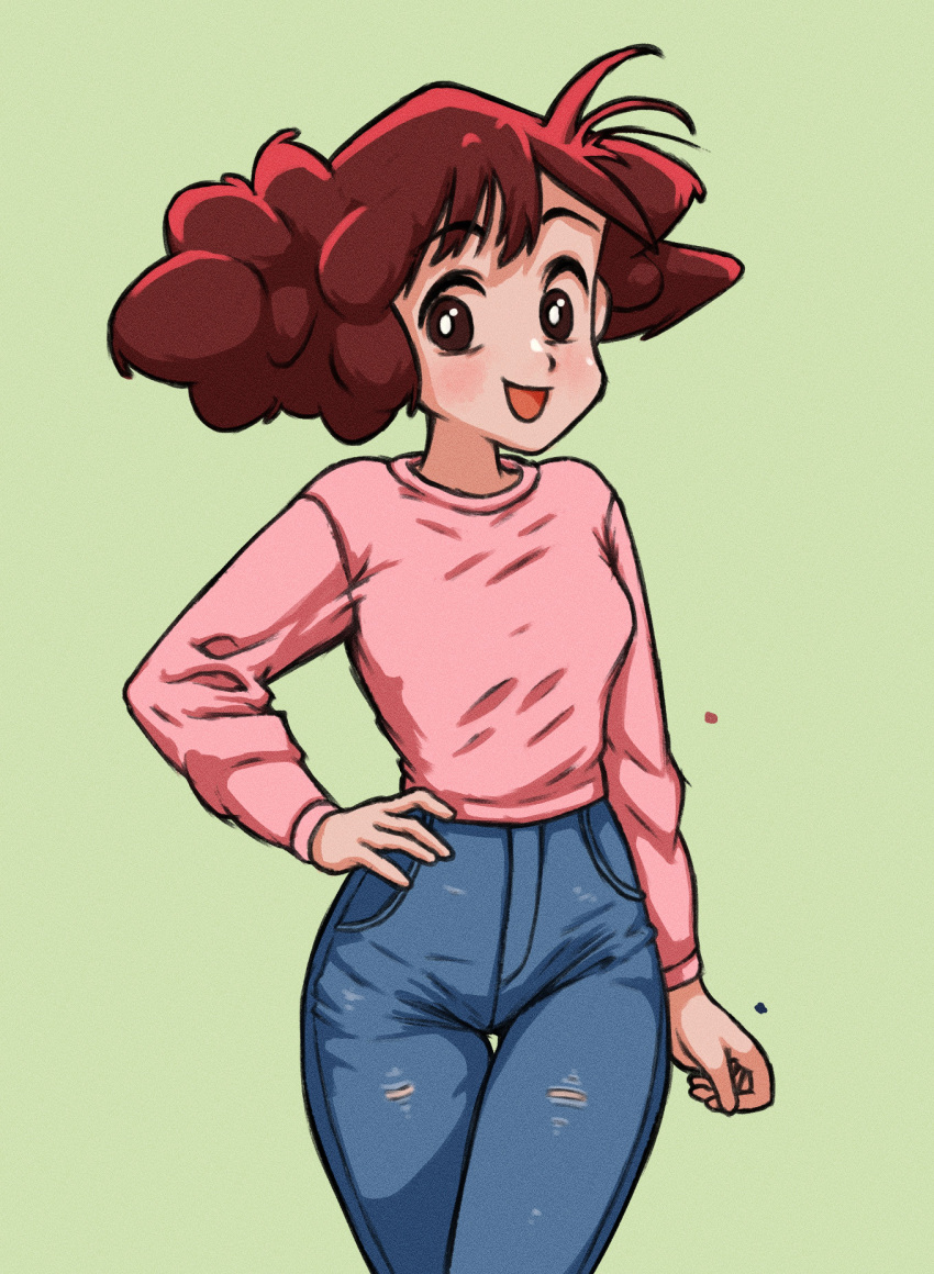 1girl absurdres beachepisode blush commentary cowboy_shot crayon_shin-chan denim english_commentary green_background hand_on_own_hip highres jeans long_sleeves nohara_misae open_mouth pants redhead simple_background smile solo