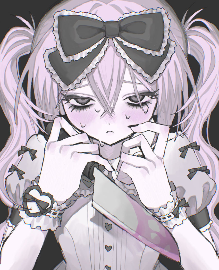 1girl blush buttons closed_mouth empty_eyes eyelashes frilled_ribbon frills frown grey_background grey_eyes grey_ribbon hair_between_eyes hair_ribbon hands_up heart heart_button highres holding holding_knife jkmtsekai kitchen_knife knife limited_palette long_hair looking_at_viewer muted_color nervous nervous_sweating nose_blush original pale_skin pink_hair pink_liquid puffy_short_sleeves puffy_sleeves reverse_grip ribbon short_sleeves simple_background sleeve_cuffs solo straight-on sweat twintails upper_body upturned_eyes wrist_cuffs