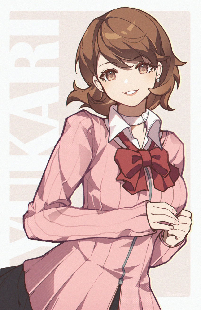 1girl 9yuki black_skirt bow bowtie breasts brown_eyes brown_hair cardigan character_name choker collared_shirt commentary earrings gekkoukan_high_school_uniform heart heart_choker highres jewelry large_breasts light_blush long_sleeves looking_at_viewer loose_bowtie outside_border parted_lips pearl_earrings persona persona_3 persona_3_reload pink_cardigan pink_lips pink_nails red_bow red_bowtie ribbed_cardigan school_uniform shirt short_hair skirt smile solo stud_earrings swept_bangs takeba_yukari upper_body white_choker white_shirt