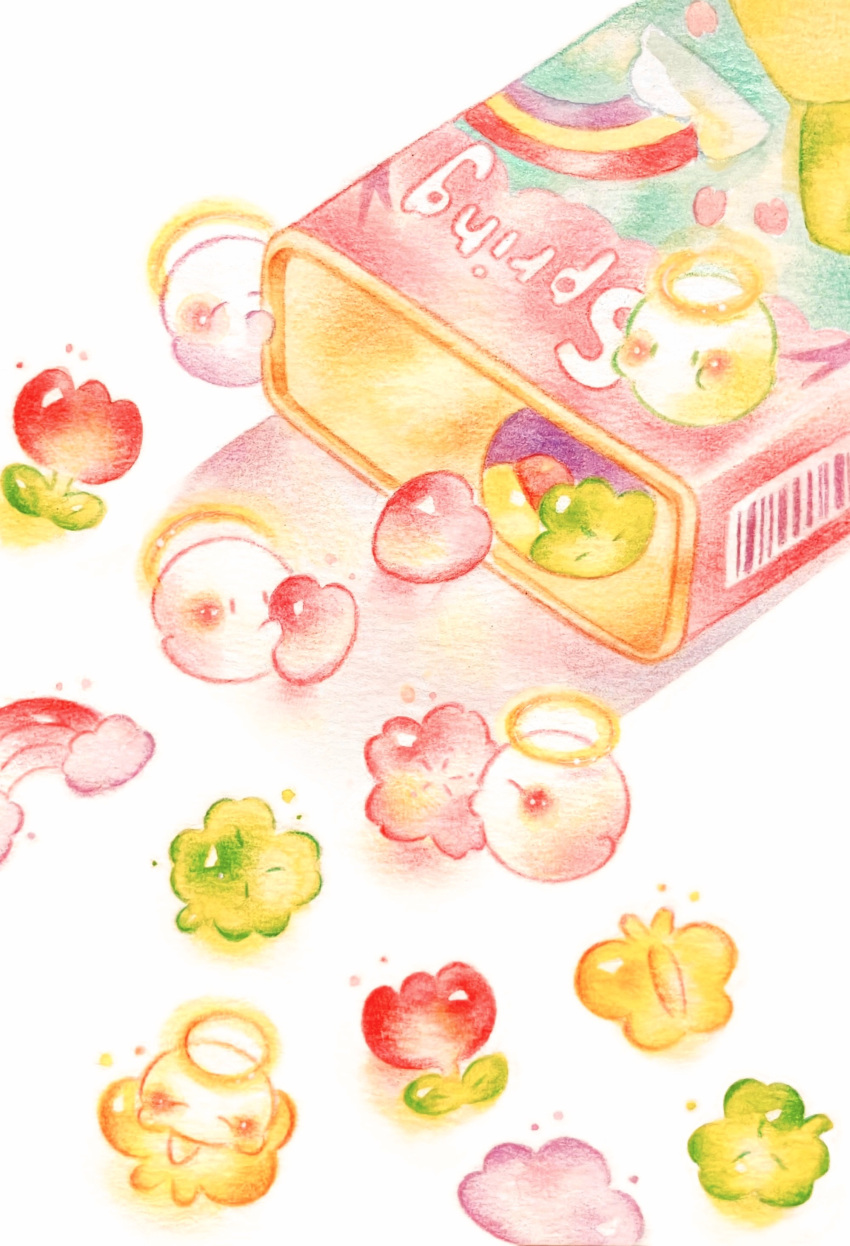 absurdres barcode blush box bug butterfly candy clouds clover colored_pencil_(medium) commentary_request flower food food_focus ghost halo heart highres holding holding_candy holding_food no_humans original rainbow simple_background traditional_media white_background yukichi_0611