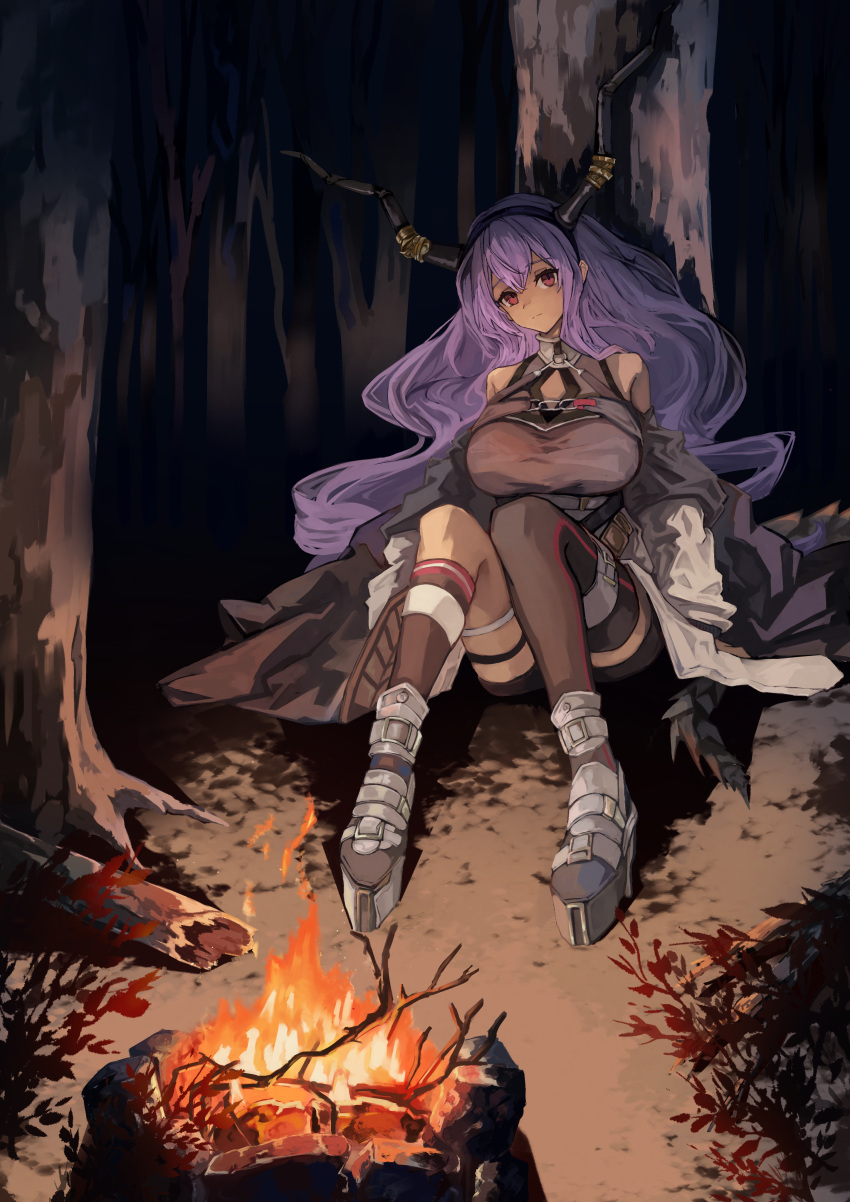 1girl absurdres arknights black_hairband black_horns black_shirt boots breasts campfire coat fake_horns hairband highres horn_hairband horns large_breasts long_hair off_shoulder open_clothes open_coat platform_boots platform_footwear purple_hair rensyu_low shirt single_thighhigh sitting sleeveless sleeveless_shirt thigh-highs typhon_(arknights) white_coat