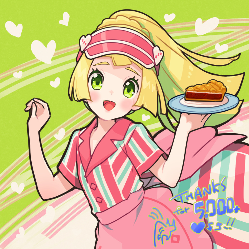 1girl :d apron blonde_hair blush buttons candice_(palentine's_2024)_(pokemon) candice_(pokemon) candice_(pokemon)_(cosplay) cosplay eyelashes food green_eyes hands_up happy heart highres holding kinocopro lillie_(pokemon) long_hair milestone_celebration open_mouth pie pie_slice pink_apron pink_headwear pokemon pokemon_masters_ex pokemon_sm shirt short_sleeves smile solo thank_you tongue visor_cap