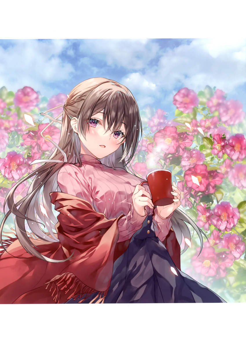 1girl absurdres blue_sky blush breasts brown_hair buttons clouds cloudy_sky coffee_mug cup day fingernails flower highres holding long_hair long_sleeves looking_at_viewer medium_breasts miwabe_sakura mug open_mouth original outdoors ribbed_sweater scan skirt sky solo sweater violet_eyes