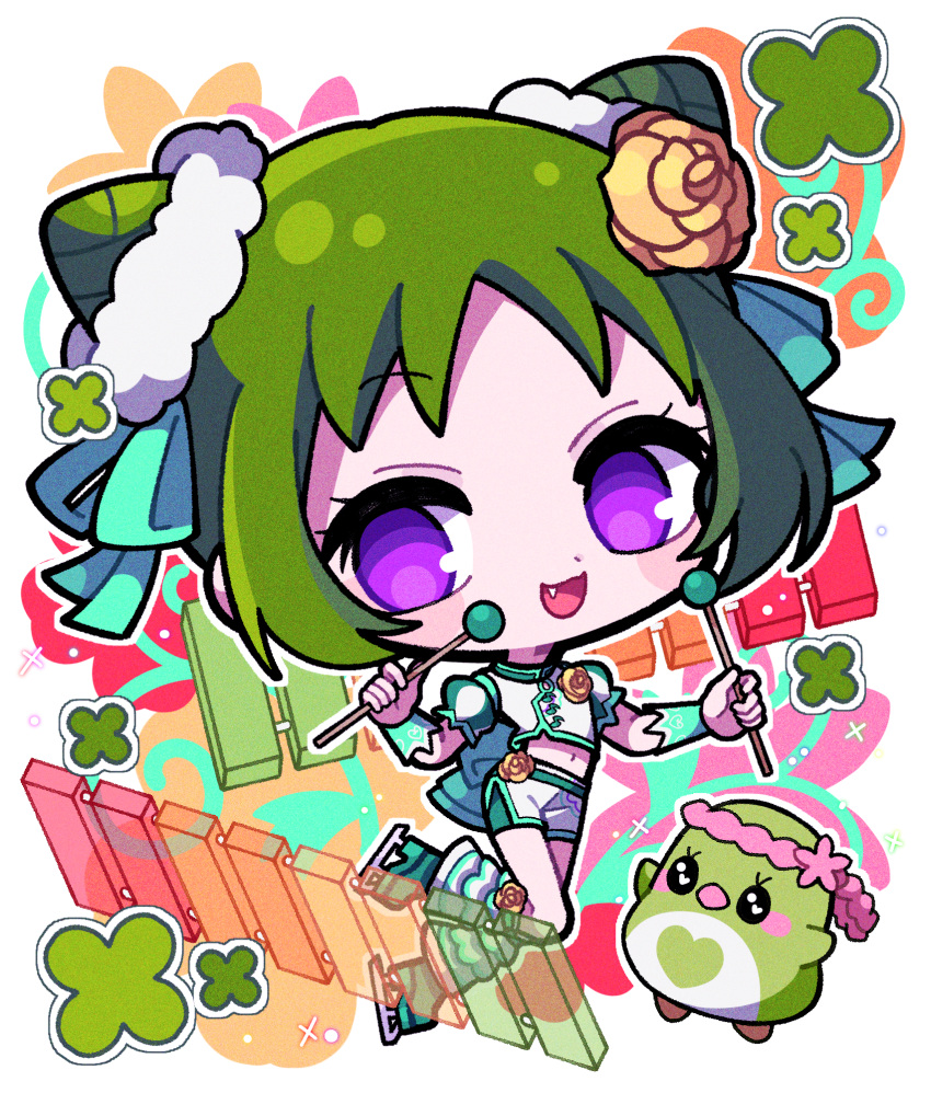 1girl :d bird blue_footwear chibi chinese_clothes clover commentary_request cone_hair_bun double_bun fang flower four-leaf_clover full_body green_hair hair_bun hair_flower hair_ornament hair_ribbon hair_scrunchie highres instrument kohinata_kanoo looking_at_viewer mallet_(instrument) morizono_wakana open_mouth pretty_rhythm pretty_rhythm_rainbow_live pretty_series ribbon rose scrunchie shirt short_hair shorts smile solo standing violet_eyes white_shirt white_shorts wrist_cuffs xylophone yellow_flower yellow_rose