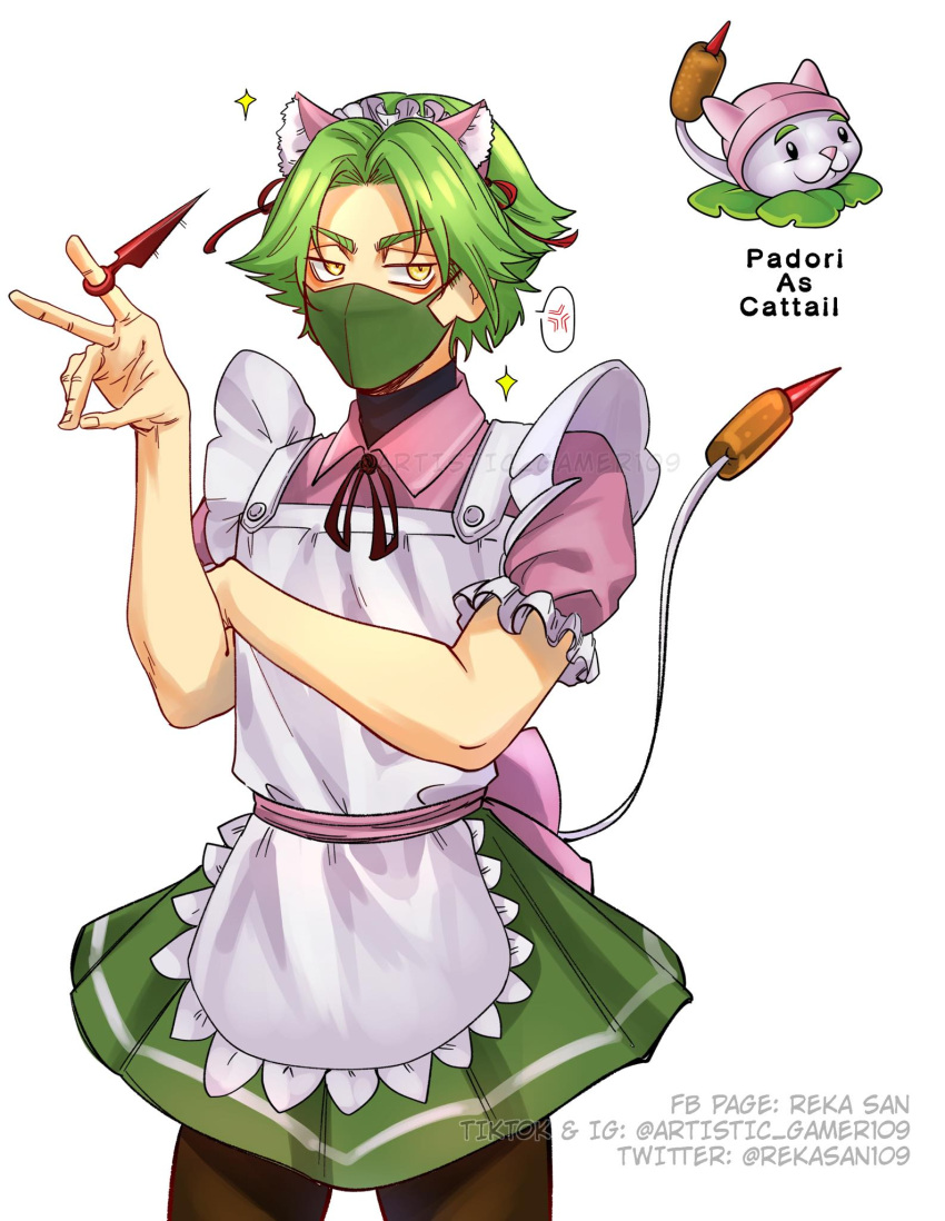 1boy anger_vein animal_ears apron artist_name brown_pantyhose brown_ribbon cat_ears cat_tail cattail cattail_(plants_vs_zombies) character_name commentary cowboy_shot creature_and_personification crossdressing english_commentary facebook_username fingernails frilled_apron frilled_sleeves frills green_hair green_mask green_skirt highres instagram_username kunai looking_at_viewer maid maid_apron maid_headdress male_focus male_maid mask mouth_mask neck_ribbon original pantyhose parted_hair pink_shirt plant plants_vs_zombies pleated_skirt red_ribbon reka_san ribbon shirt short_hair short_sleeves simple_background skirt solo spoken_anger_vein tail tiktok_username turtleneck twitter_username watermark weapon white_apron white_background yellow_eyes