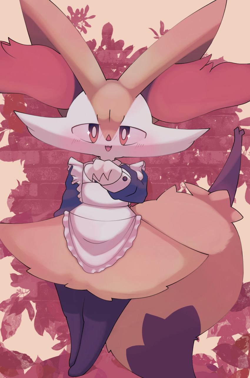 1girl :3 animal_ear_fluff animal_ears animal_focus apron arm_at_side black_fur blue_shirt blush body_fur braixen bright_pupils clothed_pokemon commentary fang flat_chest fox_ears fox_girl fox_tail frilled_apron frills full_body furry furry_female hand_up happy highres legs_together long_sleeves looking_at_viewer maid maid_apron multicolored_fur nose_blush open_mouth pokemon pokemon_(creature) red_background red_eyes sakuyan_(sakuyan1007) shirt smile solo standing stick tail white_apron white_fur white_pupils yellow_fur