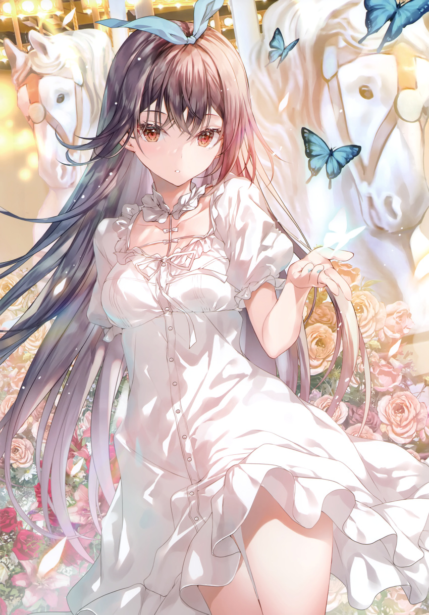 1girl absurdres bow bowtie breasts brown_eyes brown_hair bug butterfly buttons carousel collarbone dress fingernails flower hair_ornament hairband hand_up highres horse long_hair looking_at_viewer medium_breasts miwabe_sakura nail_polish original parted_lips petals puffy_short_sleeves puffy_sleeves scan short_sleeves white_dress