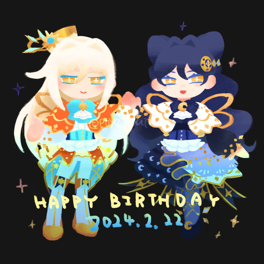 +_+ 2girls ascot black_background blue_dress blue_hair boots bow-shaped_hair capelet closed_mouth colored_eyelashes commentary crescent crescent_hair_ornament crescent_print dated dress full_body hair_between_eyes hair_intakes hair_ornament happy_birthday highres kiratto_pri_chan knee_boots long_hair long_sleeves looking_at_viewer luluna_(pri_chan) multiple_girls orange_capelet pants poya_inuinu pretty_series shirt smile solulu standing symbol-only_commentary very_long_hair white_ascot white_capelet white_footwear white_hair white_pants white_shirt wings yellow_eyes