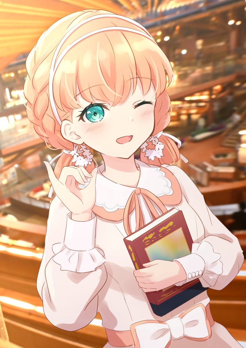 1girl ;d absurdres aqua_eyes book bow braid crossed_bangs dress dress_bow hairband highres hinoshita_kaho holding holding_book library light_blush link!_like!_love_live! long_sleeves looking_at_viewer love_live! medium_hair neck_ribbon one_eye_closed open_mouth orange_hair orange_ribbon photo_background pinky_out puffy_long_sleeves puffy_sleeves ribbon side_braids smile solo soramizuki upper_body white_dress white_hairband