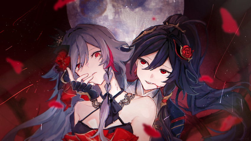 2girls absurdres arsum0731 ascot bare_shoulders bite_mark bite_mark_on_neck black_ascot black_gloves black_shirt blood blood_from_mouth breasts cleavage_cutout clothing_cutout dress fingerless_gloves flower fu_hua fu_hua_(blood_voivode) fu_hua_(herrscher_of_sentience) fu_hua_(shadow_knight) fu_hua_(turn_up_the_music!)_(herrscher_of_sentience) gloves grey_hair hair_between_eyes hair_flower hair_ornament halter_dress halterneck hand_on_another's_face high_ponytail highres honkai_(series) honkai_impact_3rd long_hair long_sleeves looking_at_another looking_at_viewer moon multicolored_hair multiple_girls official_alternate_costume parted_lips ponytail red_background red_dress red_eyes red_flower red_rose rose shirt small_breasts streaked_hair vampire white_hair yellow_pupils
