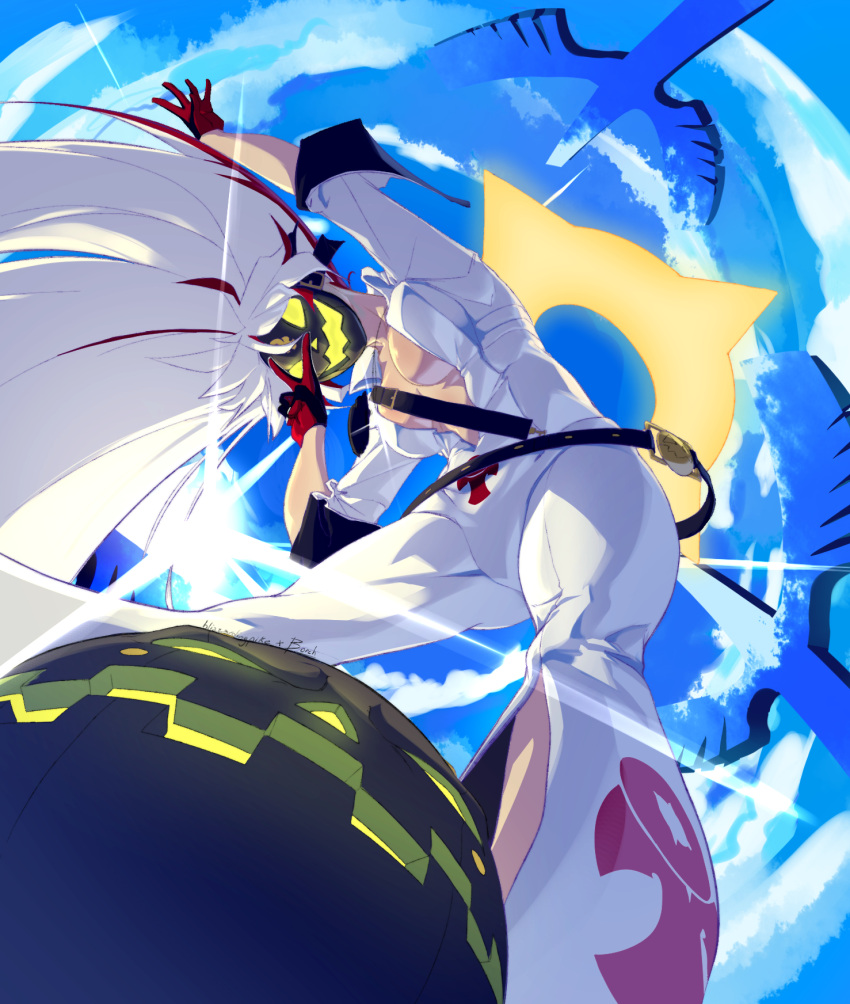 1girl ankh_print ball_and_chain_restraint bell-bottoms black_gloves blizzardingpike bodysuit borcheim breasts compass_rose_halo dorpos front_slit gloves glowing_mouth green_eyes grey_mask guilty_gear guilty_gear_xrd hair_between_eyes halo highres jack-o'_valentine large_breasts long_hair long_sleeves looking_at_viewer multicolored_hair open_mouth pants pumpkin_mask redhead skull_belt two-tone_hair white_bodysuit white_hair