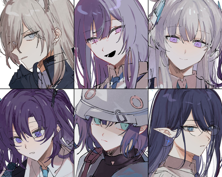 6+girls animal_ears black_gloves blue_archive blue_eyes blue_necktie brown_hair bucket_hat closed_mouth collared_shirt commentary_request earrings fox_ears glasses gloves grey_eyes grey_hair hair_between_eyes hand_up hat highres hirako_daishougun jewelry kanna_(blue_archive) long_hair multiple_girls necktie noa_(blue_archive) open_mouth parted_lips pointy_ears purple_hair rin_(blue_archive) saki_(blue_archive) sharp_teeth shirt short_hair teeth two_side_up utaha_(blue_archive) violet_eyes white_headwear white_shirt yuuka_(blue_archive)