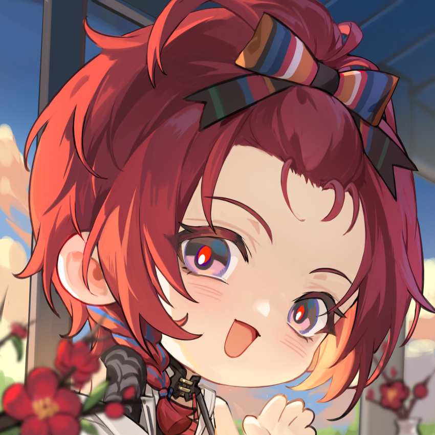 1girl absurdres blue_sky chibi chixia_(wuthering_waves) flower headband highres open_mouth outdoors red_eyes red_flower redhead short_hair sky waving wuthering_waves yuden6969