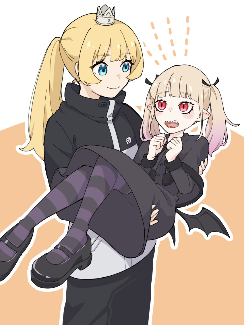2girls black_capelet black_dress black_footwear black_jacket black_pants blonde_hair blue_eyes blush_stickers capelet carrying closed_mouth crown dress fangs feet_out_of_frame highres hime-sama_"goumon"_no_jikan_desu hime_(himesama_goumon) jacket lipstick looking_at_another low_wings makeup mini_crown multicolored_clothes multicolored_jacket multiple_girls open_mouth pants pointy_ears ponytail princess_carry red_eyes short_twintails simple_background slit_pupils smile striped_clothes striped_thighhighs thigh-highs turtleneck turtleneck_jacket twintails two-tone_jacket user_xcue8588 vampire vanilla_peschutz wavy_mouth white_jacket wings