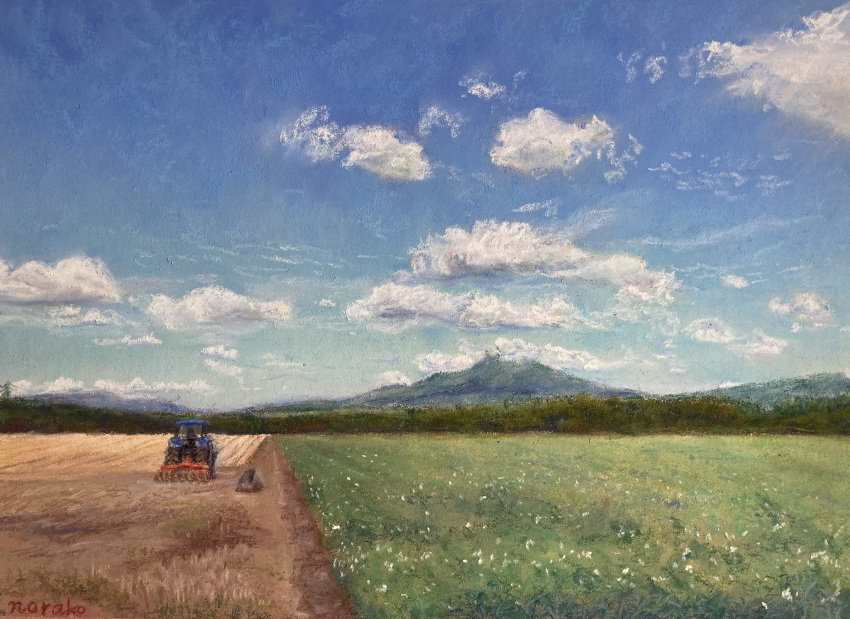 blue_sky clouds cloudy_sky farm flower forest grass harvest highres motor_vehicle mountain mountainous_horizon nature no_humans norako_pastel original plant sky tractor tree wheat wheat_field white_flower