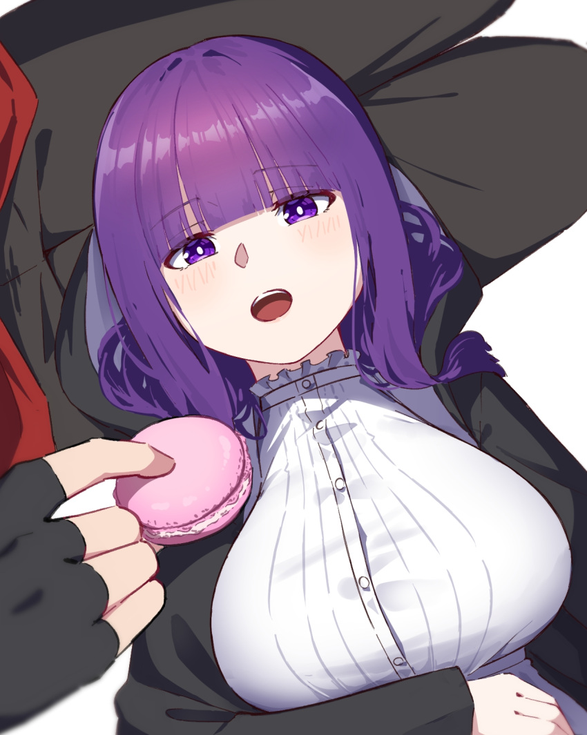 1boy 1girl :o black_gloves black_robe blunt_bangs blush breasts bright_pupils commentary_request dress feeding fern_(sousou_no_frieren) fingerless_gloves food gloves highres holding holding_food hyoe_(hachiechi) lap_pillow large_breasts looking_at_viewer macaron pov pov_hands purple_hair robe sousou_no_frieren stark_(sousou_no_frieren) violet_eyes white_dress white_pupils