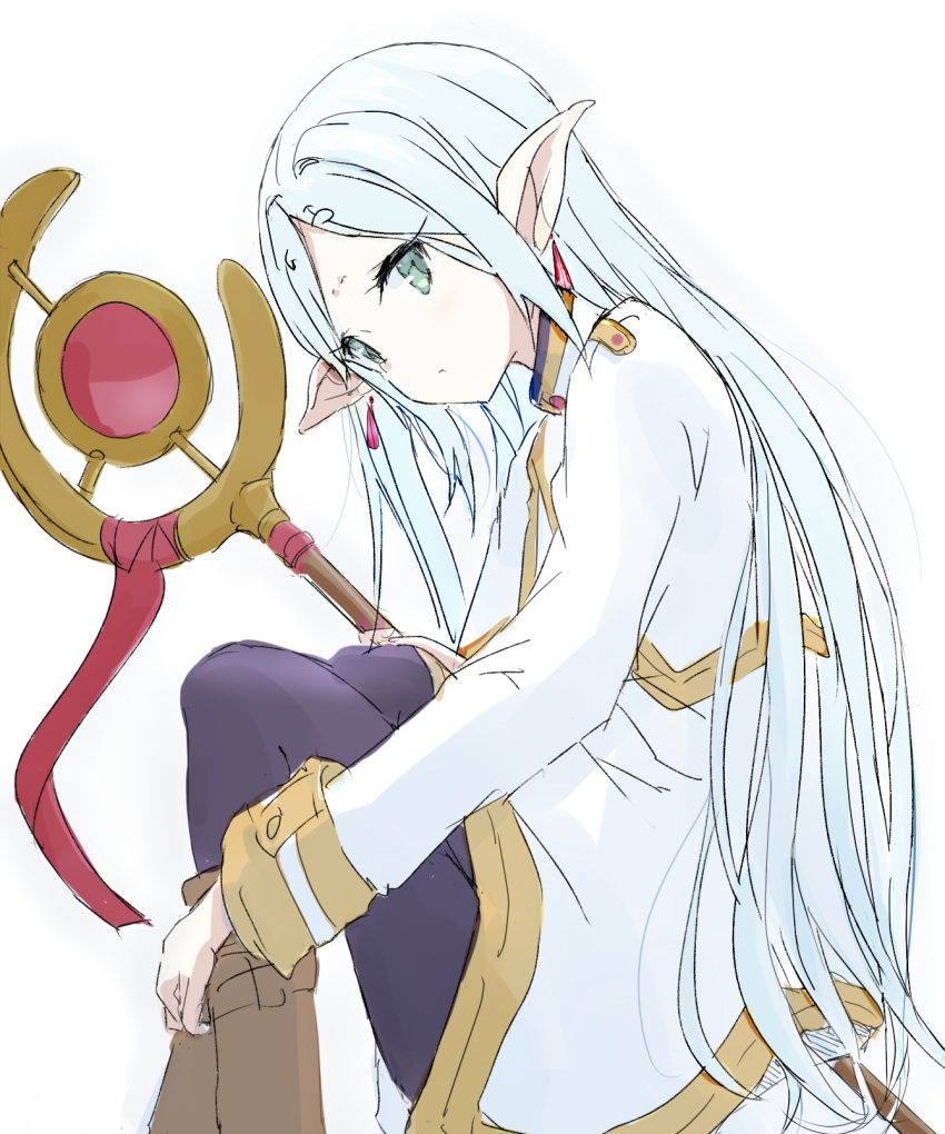 1girl closed_mouth commentary_request core_(mayomayo) dress earrings elf frieren green_eyes hair_down highres holding holding_staff jewelry looking_at_viewer mage_staff pointy_ears simple_background sitting solo sousou_no_frieren staff white_background white_dress white_hair wizard
