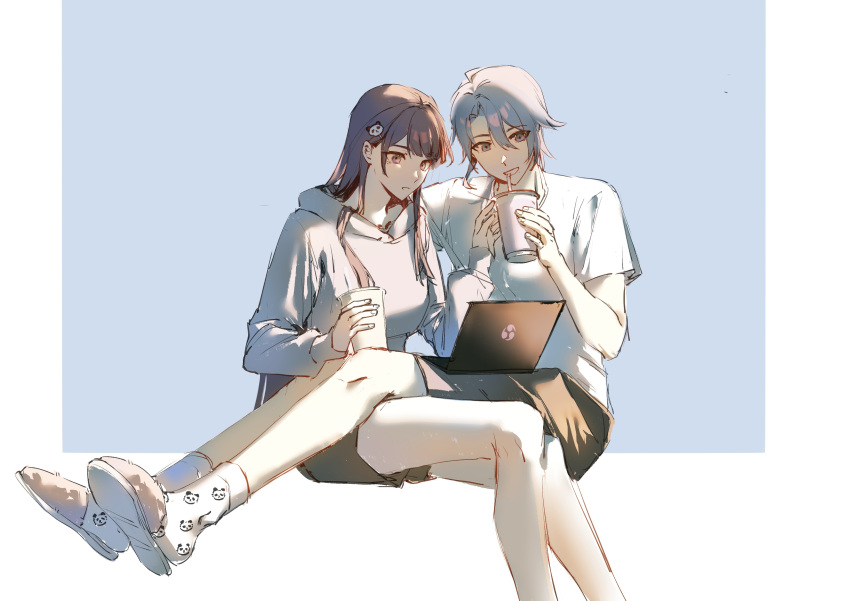 1boy 1girl absurdres blue_eyes blue_hair blunt_bangs computer contemporary cup disposable_cup drinking_straw genshin_impact hair_between_eyes hair_ornament hairclip hand_up highres holding holding_cup hood hoodie kamisato_ayato knees laptop legs legs_on_another's_lap light_blue_hair long_hair looking_at_object mole mole_under_eye purple_hair raiden_shogun shirt shorts simple_background sitting slippers socks thighs violet_eyes white_shirt zai_aoye_wo_shi_gou