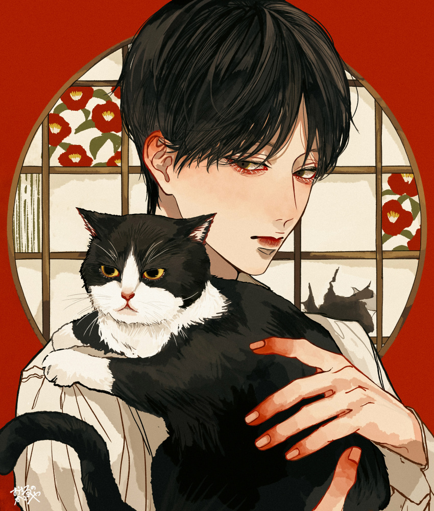 1boy absurdres animal black_cat black_hair brown_eyes cat closed_mouth commentary_request fingernails floral_print highres holding holding_animal holding_cat kagoya1219 lattice long_sleeves looking_at_viewer male_focus original red_background shirt short_hair signature solo three_quarter_view upper_body white_shirt
