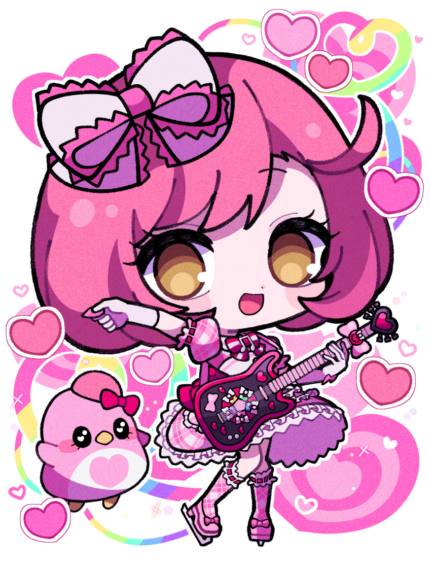 1girl :d ayase_naru bird bow brown_eyes chibi commentary_request dress frilled_dress frills full_body gloves guitar hair_bow heart heart_background highres holding holding_guitar holding_instrument holding_plectrum ice_skates idol_clothes instrument kohinata_kanoo looking_at_viewer open_mouth pink_bow pink_dress pink_footwear pink_hair pink_socks plectrum pretty_rhythm pretty_rhythm_rainbow_live pretty_series puffy_short_sleeves puffy_sleeves short_hair short_sleeves skates smile socks solo standing white_bow white_gloves